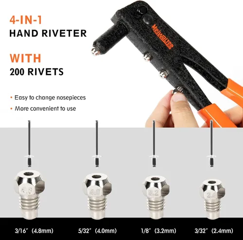 Miniatura 3 de Pistola de remache, kit profesional de remache con 200 remaches, 3/32"-1/8"-5/32"-3/16", kit de remachador de mano pesado adecuado para trabajos