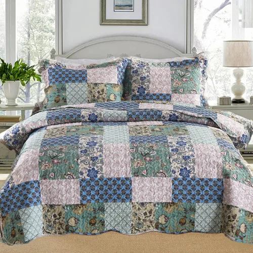 MarCielo Juego de colcha acolchada de 3 piezas, colcha estampada, juego de ropa de cama, manta, colcha ligera (flor azul, Queen) (B026_Q)