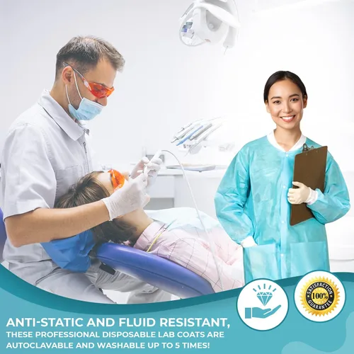 Miniatura 7 de 10 abrigos de laboratorio desechables Abrigo de laboratorio reutilizable duradero de 1.76 oz SMS hasta la rodilla con puños y bolsillos de punto