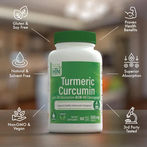 Miniatura 4 de Health Thru Nutrition Suplemento de complejo de curcumina de cúrcuma de 500 mg como BCM-95 Curcugreen clínicamente estudiado Certificado vegano