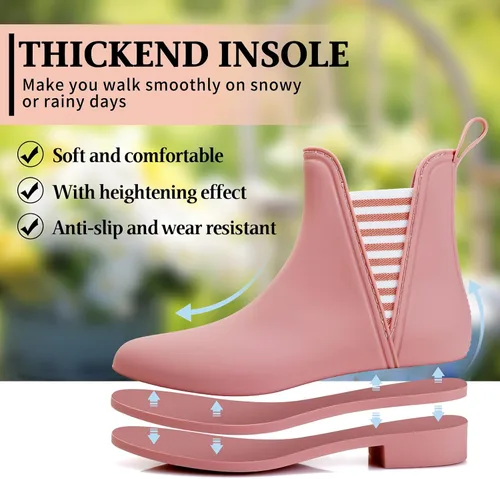Miniatura 2 de Hsttgsr Botas de lluvia para mujer, cómodas botas de goma cortas antideslizantes, elegantes botines elásticos de tacón medio para jardín