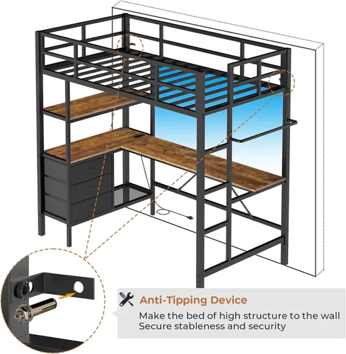Miniatura 9 de DICTAC Cama alta individual con escritorio en forma de L, luces LED, estación de carga LED de metal para niños, cama tipo loft tamaño individual