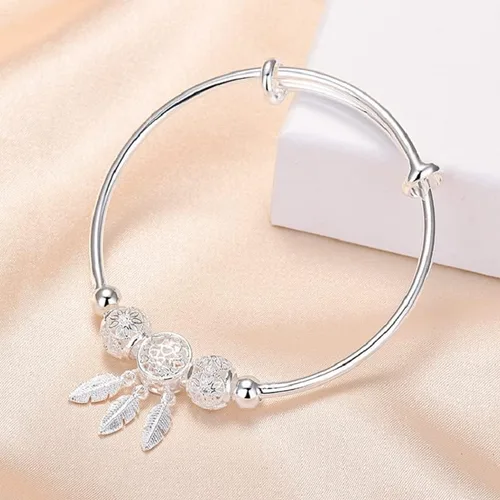 Miniatura 2 de Harlorki Pulsera ajustable para mujer con colgante de hoja de bola de la suerte 925 chapada en plata