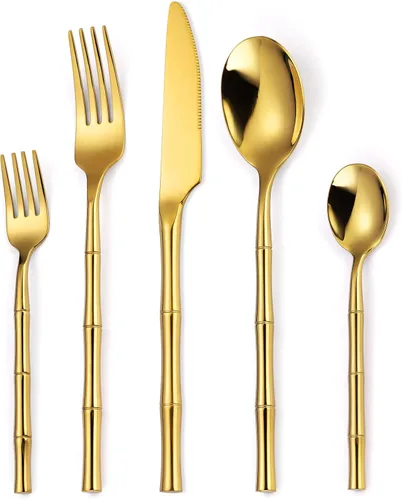 Miniatura 17 de Juego de cubiertos dorados de 20 piezas con tenedor para pastel, juego de cubiertos de acero inoxidable para 4, utensilios de cocina con mango