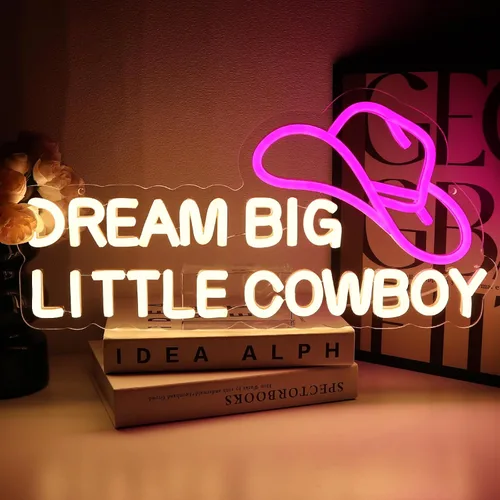 Dream Big Little Cowboy - Letrero de neón para decoración de pared, letrero LED de sombrero de vaquero para habitación, luces de neón occidentales