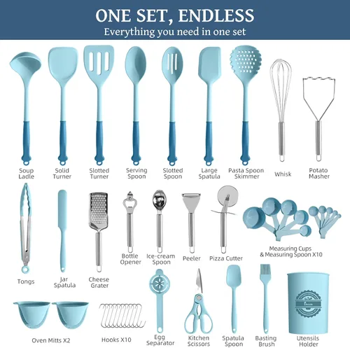 Miniatura 2 de Kikcoin Juego de 43 Utensilios de Cocina Grandes - Juego de Utensilios de Cocina de Silicona, Juego de Espátulas Aptas para Lavavajillas para Azul