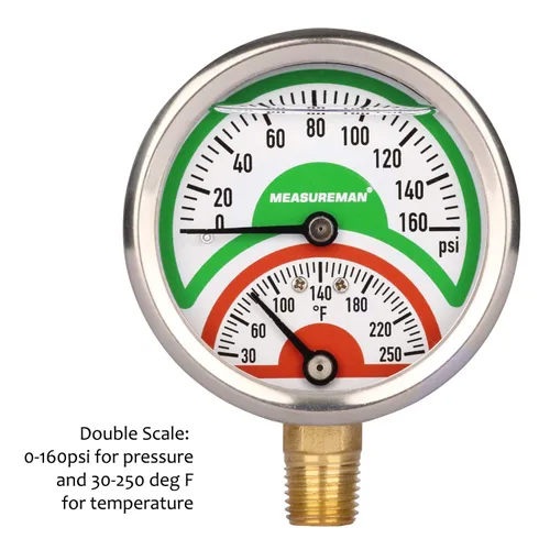 Miniatura 3 de MEASUREMAN Tridicator, Termomanómetro, 2-1/2 Pulgadas, Llenado de Aceite de Silicona, 0-160 psi/30-250 °F, Caja de Acero Inoxidable, Manómetro