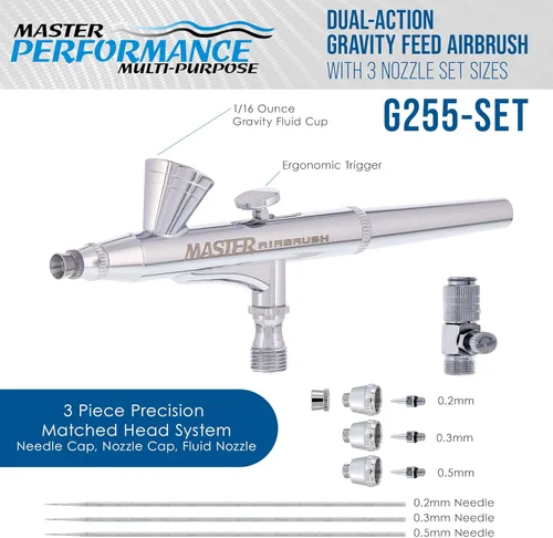 Miniatura 2 de Master Airbrush G255 Pro Kit de pistola de aerógrafo de alimentación por gravedad de doble acción con 3 juegos de boquillas