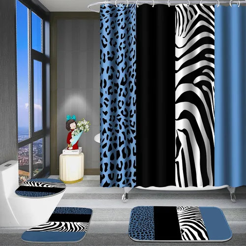 Miniatura 9 de Poedist - Juego de cortinas de ducha para baño, 4 piezas, diseño de leopardo azul brillante, incluye cortinas de ducha y tapetes para baño