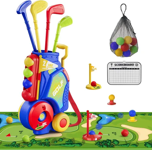HYES Juego de Golf para Niños Pequeños de 2-4 Años, Club de Golf para Niños con 8 Pelotas, 4 Palos de Plástico, Tapete de Putting, Marcador, Bolsa