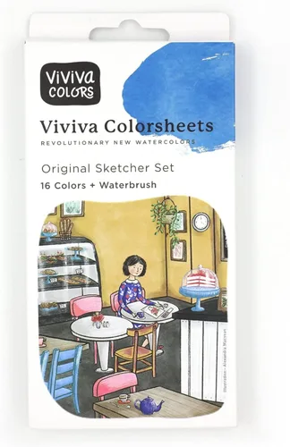 Viviva Coloursheets, juego original de bocetos, 16 acuarelas vibrantes + pincel de agua, para exteriores y viajes, (VV276001)