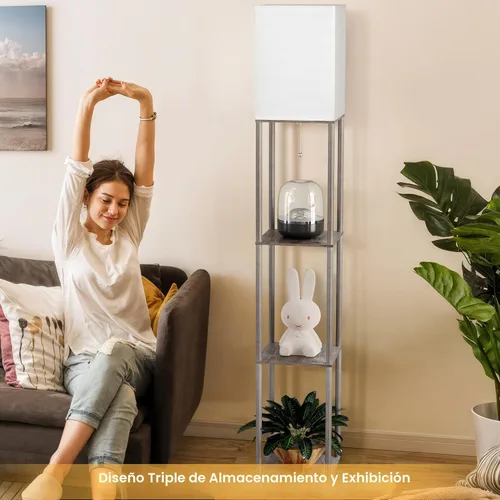 Miniatura 9 de Lámpara de pie con estantes para sala de estar roble gris, lámpara de pie con estante con bombilla LED de 3 CCT, lámpara de columna de pie de Gris