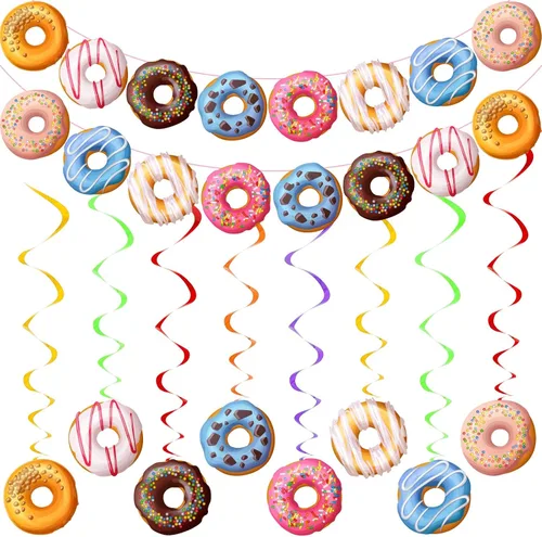 34 decoraciones de fiesta de donas que incluyen 2 guirnaldas de donas y 32 piezas de donas colgantes para fiesta de cumpleaños, baby shower, regalos