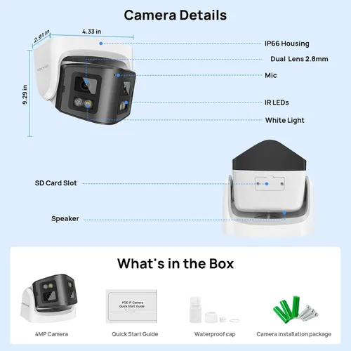 Miniatura 9 de Cámara de seguridad PoE de doble lente de 4MP para exteriores, gran angular panorámico de 180°, visión nocturna a color inteligente de doble luz