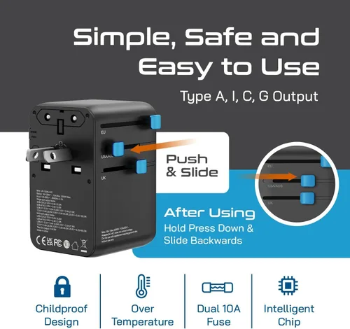 Miniatura 9 de Ceptics Adaptador de viaje universal GAN de 100 W con cable USB-C retráctil, 2 puertos USB-A y C, entrada universal y 1 entrada USA/JP, adaptador