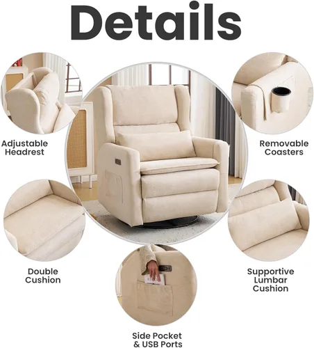 Miniatura 8 de Oversized Swivel Rocker Recliner with Lumbar Cushion,Power Recliner Nursery Chair with Adjustable Headrest,Nursery Glider Recliner for Living Beige