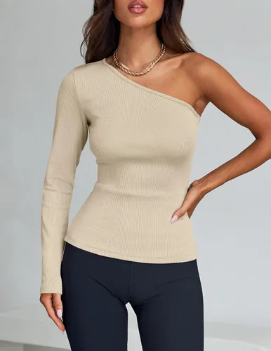 Miniatura 3 de ZESICA Camisetas de manga larga con un hombro para mujer, camisetas básicas ajustadas y ligeras de punto acanalado para otoño 2023