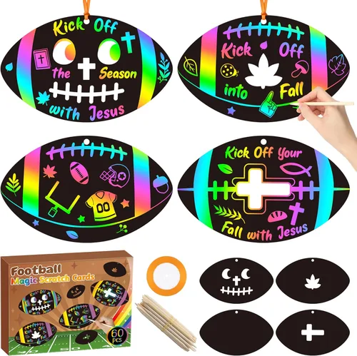 BeYumi Tarjetas rasca de fútbol de otoño, 60 tarjetas de rascar de fútbol religioso de otoño para niños, otoño, Acción de Gracias, bricolaje, cruz