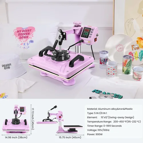 Miniatura 6 de AKEYDIY - Máquina de prensa de calor 8 en 1, máquina profesional de sublimación, 12" x 15", prensa giratoria para impresión de camisas