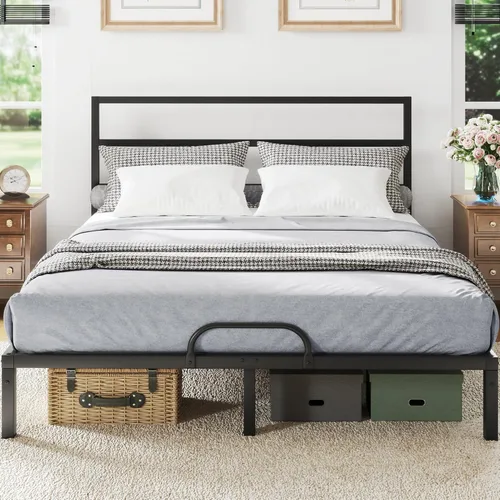 Miniatura 3 de YITAHOME Base de cama tamaño Queen con cabecero, plataforma resistente con listones de metal fuertes, no necesita somier, fácil montaje, mate y negro