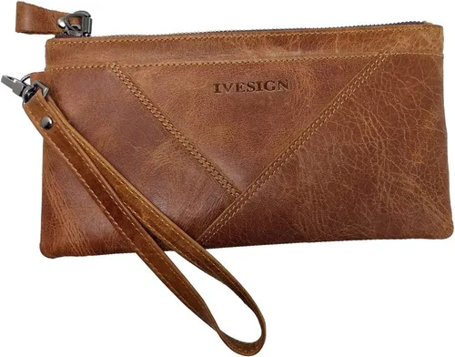 IVESIGN Cartera de mano con cremallera de cuero genuino para mujer, ultra delgada, con bloqueo RFID, tarjetero de crédito, monedero de mano