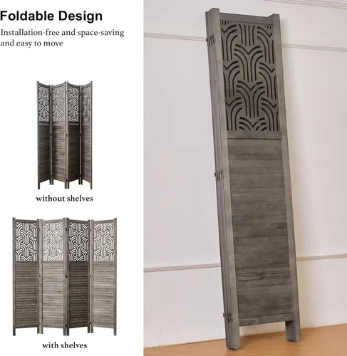 Miniatura 3 de Svimi Divisor de Habitación Plegable, 66.9 Pulgadas 4 Paneles Pantallas de Privacidad Talladas en Madera, Montaje Fácil Independiente Portátil Pared