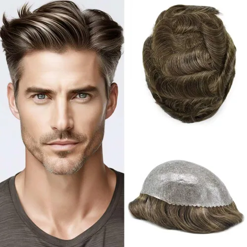 Miniatura 118 de Peluca completa de poliuretano para hombre, sistemas de reemplazo de cabello humano, piel fina y duradera, para hombre, prótesis de cabello