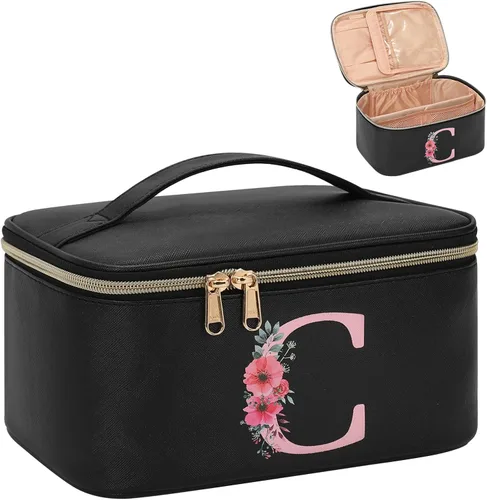 Miniatura 14 de OCHEAL Bolsa de maquillaje personalizada, bolsa de maquillaje beige para mujer, kit de aseo de viaje con monograma, organizador de cosméticos listo