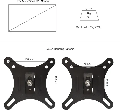 Miniatura 2 de Soporte de pared para TV, monitor de movimiento completo, giratorio e inclinable para monitor LED OLED LCD de 14 a 27 pulgadas, VESA 75 x 75 3.937 x