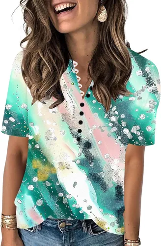 Miniatura 6 de Summer Shirts for Women 2025 Plus Size Short Sleeve Henley Tops Marble Floral Loose Tshirt Tee Casual Dressy Tunics