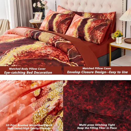 Miniatura 7 de PERFEMET Juego de edredón de 6 piezas, tamaño Queen, ropa de cama con estampado de mármol acuarela naranja con edredón y sábanas, estilo estético
