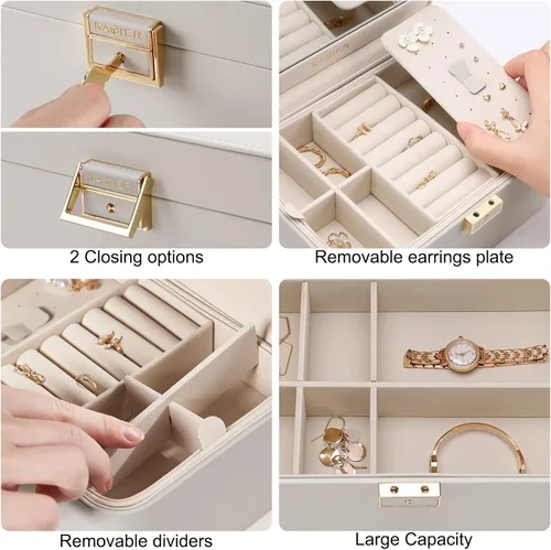 Miniatura 5 de KAMIER Joyero, caja organizadora de joyas de piel sintética de 2 capas, gran capacidad, doble cerradura y espejo grande, ganchos ocultos