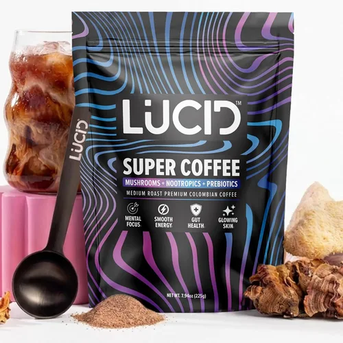 Lucid Superfood Café Orgánico de Hongos con Nootrópicos - Melena de León, Tremella, Cordyceps y Cola de Pavo - Café Instantáneo de Hongos para el