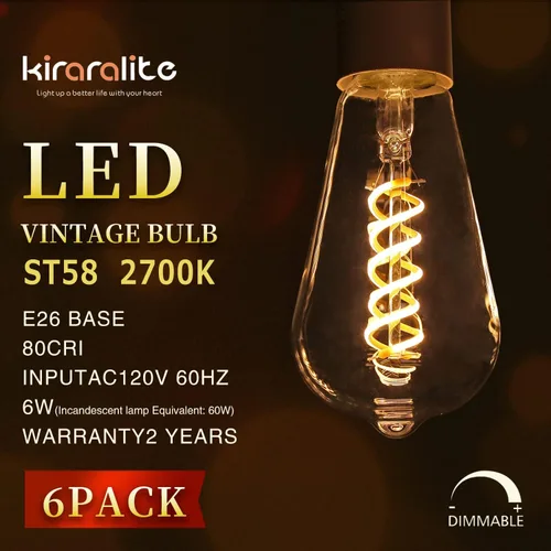 Miniatura 2 de Paquete de 6 bombillas Edison ST19 ST58, bombillas LED vintage, blanco suave de 2700 K, bombilla de filamento LED en espiral flexible antiguo