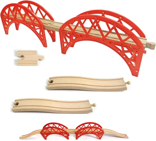 Miniatura 4 de Puentes de tren de madera, 2 puentes colgantes, accesorios de madera para vías de tren, rieles de tren de madera, vías de tren compatibles con todas