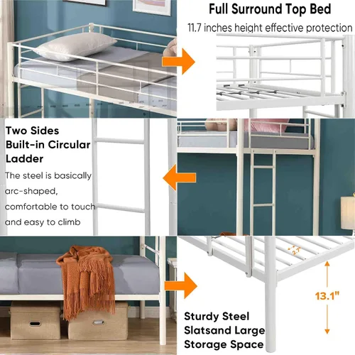 Miniatura 4 de Litera de metal con 2 escaleras y barandilla de seguridad, literas convertibles resistentes, base de cama individual sobre individual con espacio