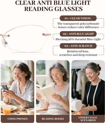 Miniatura 9 de LUFF Rimless Reading Glasses for Women Blue Light Computer Readers Lightweight 16g Metal Frame Eye Strain Relief Rosa