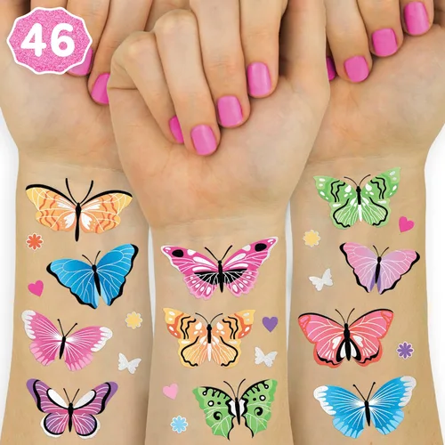 xo, Fetti Tatuajes temporales de mariposa - 46 estilos de purpurina | Suministros para fiesta de cumpleaños de hadas arco iris, monarcas, corazones,