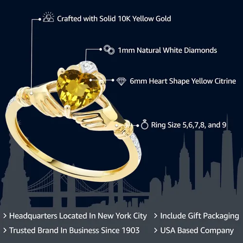 Miniatura 84 de Gem Stone King Anillo de compromiso claddagh celta irlandés de oro amarillo de 10 quilates con piedra preciosa en forma de corazón de 0.236 in
