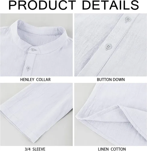 Miniatura 5 de Mens Linen Cotton Henley Shirts Lightweight Button Up Casual Tees 34 Sleeve Beach Plain Pullover V Neck Summer Tops