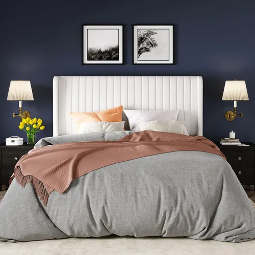 Miniatura 3 de Allewie Marco de cama de terciopelo de tamaño matrimonial, cabecera capitoné vertical con respaldo de ala, plataforma tapizada, listones de madera