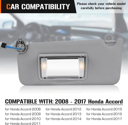 Miniatura 2 de Visera solar con luz para Honda Accord 2008-2017, repuesto de parasol gris del lado izquierdo del conductor 83280TA0A91ZB