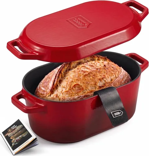 Miniatura 11 de KooK Horno holandés, para hornear pan, molde para pan de masa madre, con tapa, asas dobles, hierro fundido esmaltado, incluye palanca de tapa, apto