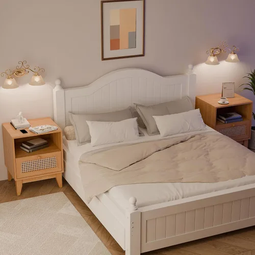 Miniatura 6 de Betterhood Juego de 2 mesitas de noche de ratán, juego de 2 mesitas de noche para dormitorio, mesita de noche bohemia, mesita de noche de madera