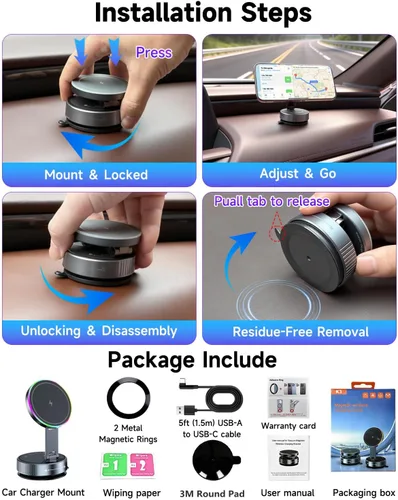 Miniatura 9 de Cargador de coche Magsafe para montaje en automóvil, cargador inalámbrico de carga rápida de 15 W [succión de 120 libras e imán de 3800 gf] 780°