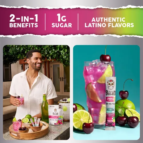 Miniatura 2 de Salud 2-en-1 Polvo para Bebida Energética + Enfoque, Sabor Cereza Lima, Cafeína Orgánica, B6 + B12, Teanina, Paquetes de Bebida Energética Limpia