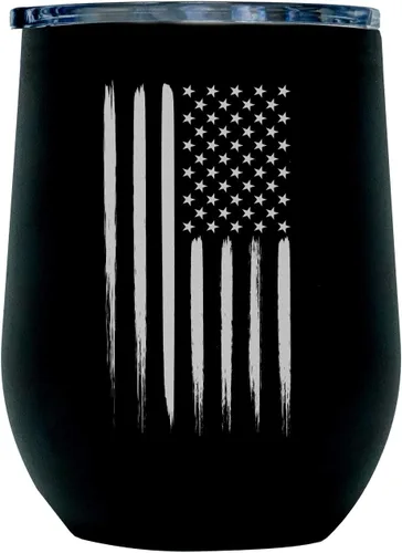 Military Gift Shop Vaso de vino aislado al vacío con la bandera estadounidense para exteriores, con tapa, vidrio de acero inoxidable de 12 onzas,