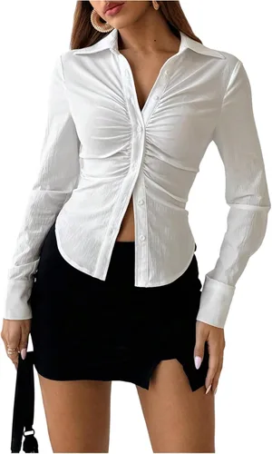 Miniatura 7 de SOLY HUX - Blusas de manga larga con botones y fruncidos para mujer, camisas de ajuste delgado, tops estéticos