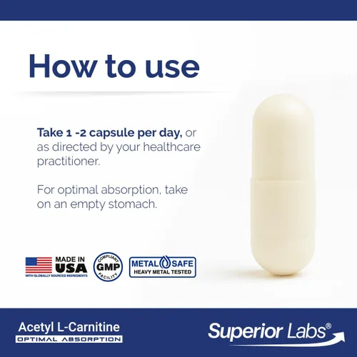 Miniatura 4 de Superior Labs Acetil L-carnitina 500 mg, ALCAR de alta potencia, puro sin OMG, cero aditivos sintéticos, máxima absorción, metabolismo de energía