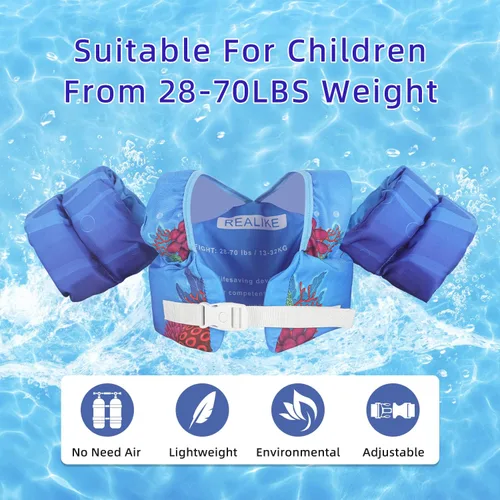 Miniatura 5 de REALIKE Chaleco de natación para niños pequeños, flotadores, ayudas de natación con arnés de hombro, alas de brazo para niños/bebés/bebé, playa